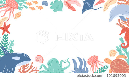 Background with sea inhabitants with place for text useful to use for invitations, promotion, sales. Frame with shells, corals, jellyfish, octopus and other marine animals. 101893003