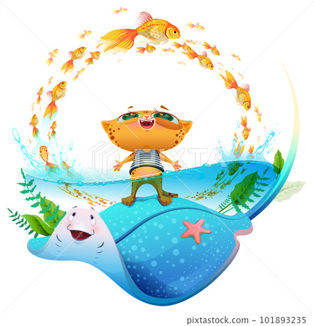 Fun red cat in striped vest swim in sea. Tropical sea summer paradise stingray and goldfish Fun red cat in striped vest swim in sea. Tropical sea summer paradise stingray and goldfish 101893235