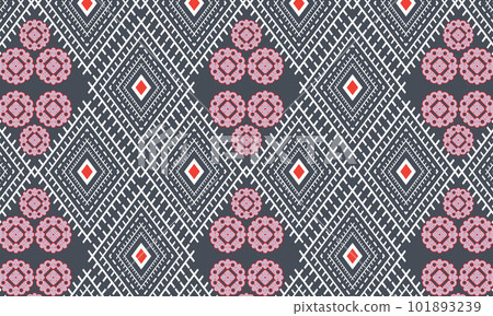 seamless ethnic pattern repeats ikat ogee art floral and geometric elements black and white modern tribal design texture, vintage, fabric, carpet clothing folk Stitch embroidery vector background 101893239