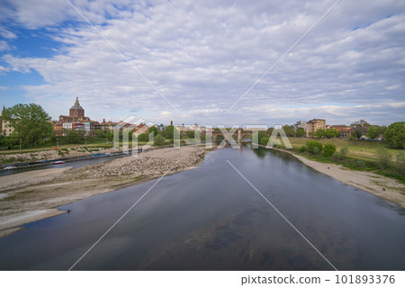 view of covered bridge and Pavia Cathedral in left side at sunny day in Pavia 101893376