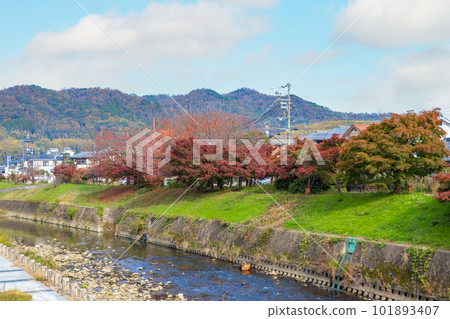 被紅葉染紅的龍田川 101893407