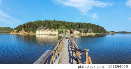 Wooden ruined bridge to isolated Monastery of Saint Mary on Zvernec island (Narta Lagoon, Vlore, Albania). 101894029