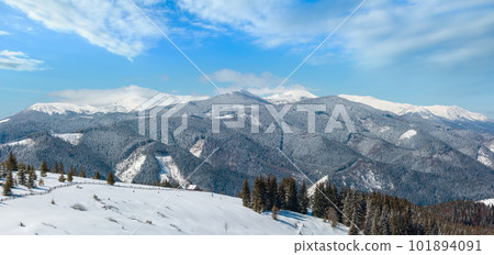 Winter snowy mountains, and lone farmstead Winter snowy mountains, and lone farmstead 101894091