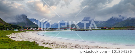 Ramberg beach summer cloudy view (Norway, Lofoten). Ramberg beach summer cloudy view (Norway, Lofoten). 101894186