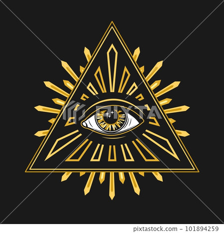 Composition with all seeing eye, eye of providence. Illuminati symbol in pyramid, triangle with light rays, geometric beams. Golden design in retro, vintage style. 101894259