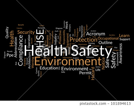 Word cloud background concept for Health Safety Environment (HSE). Business education regulation, safe workplace quality of security equipment permit. vector illustration. Word cloud background concept for Health Safety Environment (HSE). Business education regulation, safe workplace quality of security equipment permit. vector illustration. 101894613