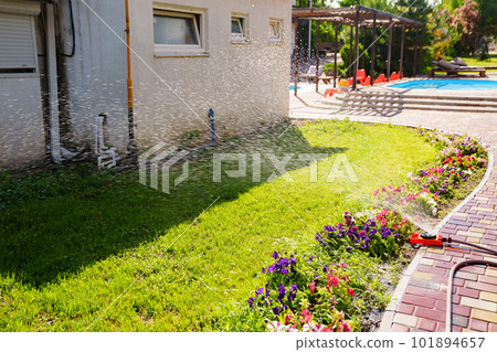 Automatic watering system on the lawn. watering heads and pipes Automatic watering system on the lawn. watering heads and pipes 101894657