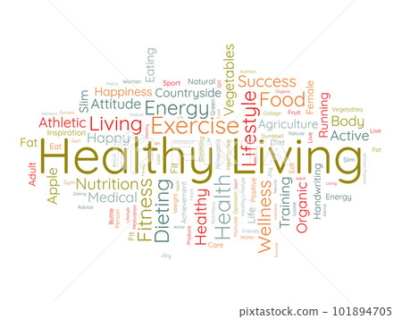 Word cloud background concept for Healthy living. diet exercise, fit lifestyle with organic food of eating energy. vector illustration. Word cloud background concept for Healthy living. diet exercise, fit lifestyle with organic food of eating energy. vector illustration. 101894705