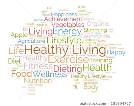Word cloud background concept for Healthy living. diet exercise, fit lifestyle with organic food of eating energy. vector illustration. 101894707