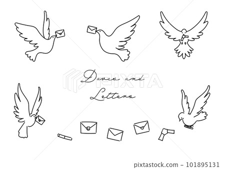 A simple vector line illustration of a white dove flapping its wings to deliver a letter 101895131