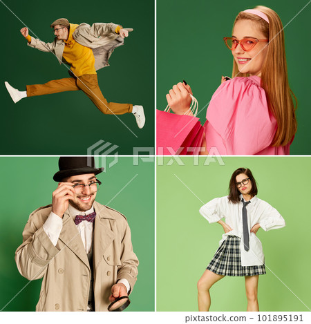 Collage made of different young people in various life situations posing over green background. Business, education, shopping 101895191