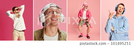 Collage made of different happy, smiling, positive man listening to music, dancing, enjoying over pink studio background Collage made of different happy, smiling, positive man listening to music, dancing, enjoying over pink studio background 101895251