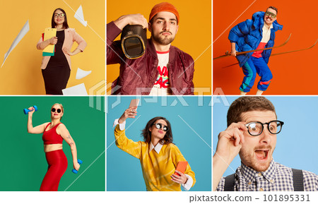 Collage made of different young people working, resting, doing sports, studying. Models posing over over multicolored background 101895331