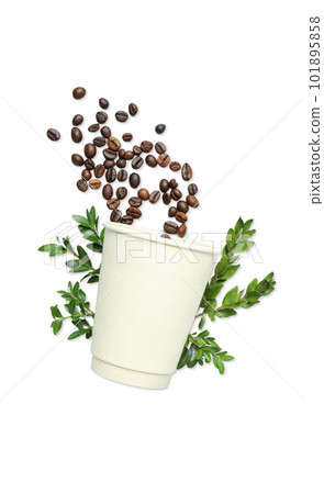 Blank paper cup with coffee seeds and twigs isolated on white background, PNG 101895858