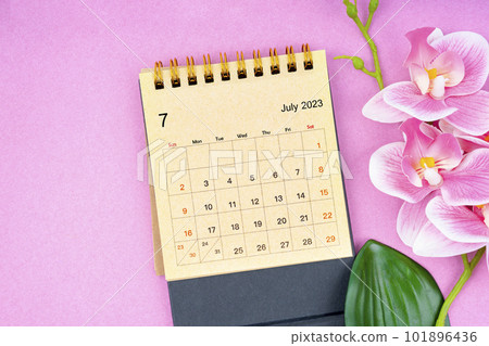 The July 2023 calendar desk and pink orchid on pink background. 101896436
