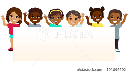 Diverse Children Holding Empty Blank Board Waving Hands 101896602