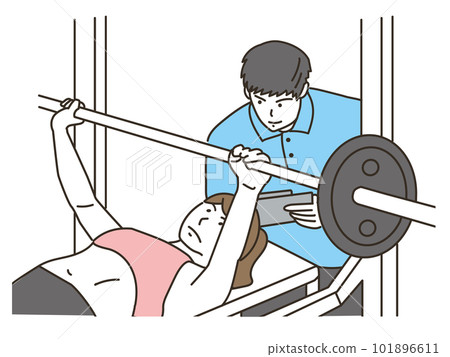 Woman doing bench press with male trainer Woman doing bench press with male trainer 101896611