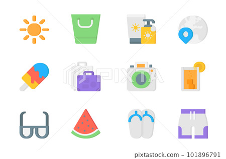 Summer 3d icons set. Pack flat pictograms of sun, sunscreen, global travel, icecream, luggage, photo camera, lemonade, sunglasses, watermelon and other. Vector elements for mobile app and web design 101896791