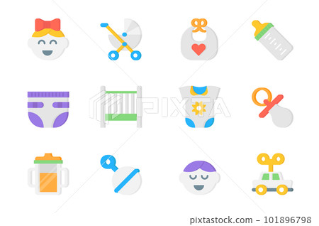 Baby items 3d icons set. Pack flat pictograms of wash in girl, stroller, bib, milk bottle, diaper, crib, bodysuit, pacifier, rattle, boy, toy and other. Vector elements for mobile app and web design 101896798