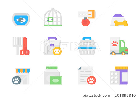 Veterinary 3d icons set. Pack flat pictograms of different types of aquarium, cage, pet collar, dog food, grooming, veterinarian, cat carrier and other. Vector elements for mobile app and web design Veterinary 3d icons set. Pack flat pictograms of different types of aquarium, cage, pet collar, dog food, grooming, veterinarian, cat carrier and other. Vector elements for mobile app and web design 101896810