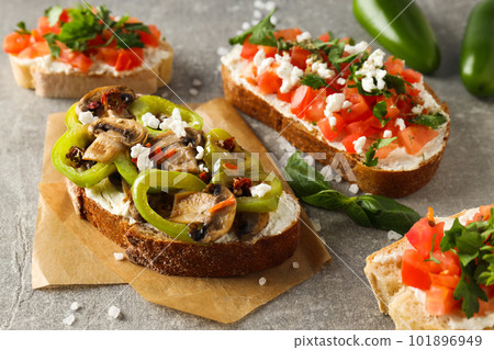 Toasts with tasty grilled vegetables, concept of delicious appetizer 101896949