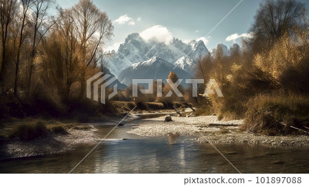 Romantic mountain landscape on a river with a gravel bed in front of the mighty panorama of snow-capped mountains, made with generative ai 101897088
