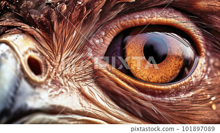 Close up of left yellow eye of bird of prey with black iris, made with generative ai 101897089