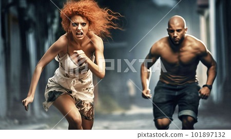Surreal image of a man in shorts chasing a scared redheaded woman, made with generative ai 101897132