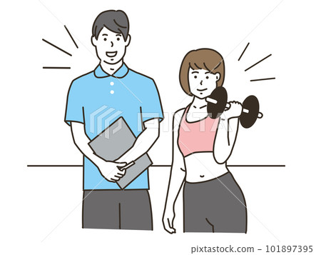 Woman with male trainer and dumbbells 101897395
