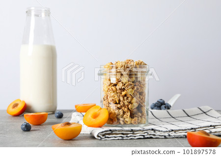 Photo of uncooked food for breakfast - muesli 101897578