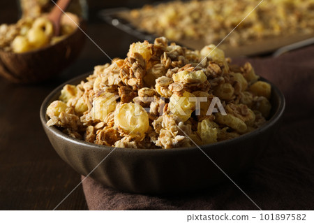 Photo of uncooked food for breakfast - muesli 101897582