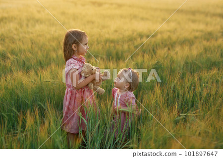 A girl holds a plush toy bear in hands while standing next to little sister. Spiking spikelets of rye at sunset. A girl holds a plush toy bear in hands while standing next to little sister. Spiking spikelets of rye at sunset. 101897647