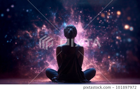 Buddhist monk observing the universe sitting in lotus position to do meditate, galaxy and stars fantasy background Buddhist monk observing the universe sitting in lotus position to do meditate, galaxy and stars fantasy background 101897972