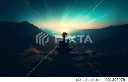 Buddhist monk observing the universe sitting in lotus position to do meditate, galaxy and stars fantasy background Buddhist monk observing the universe sitting in lotus position to do meditate, galaxy and stars fantasy background 101897976