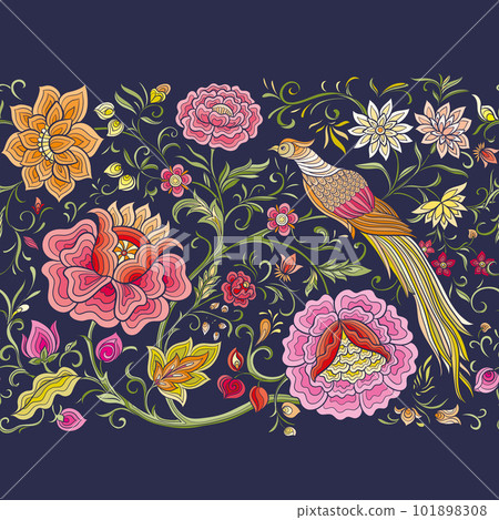 Fantasy flowers and pheasant bird in retro, vintage, chinese silk Fantasy flowers and pheasant bird in retro, vintage, chinese silk 101898308