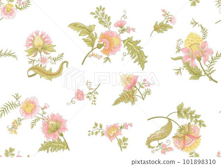 Fantasy flowers in retro, vintage, jacobean embroidery style. 101898310