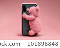 A pink bear is happy with a gift and hugs a brand new smartphone. a phone gift for loved ones and children Ai generated 101898848