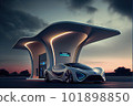 A sleek supercar sits at a futuristic gas station, The station is a hub of activity, with electric cars and hydrogen fuel vehicles pulling in to refuel for their next high-speed adventure Ai generated 101898850