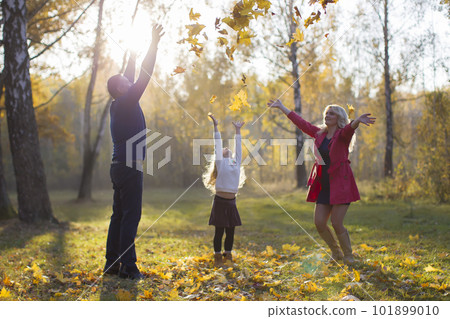 Mom dad daughter scatter yellow leaves. Family on a walk in the autumn park. Mom dad daughter scatter yellow leaves. Family on a walk in the autumn park. 101899010