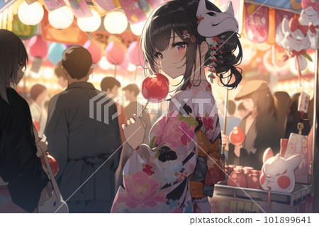 女孩在節日攤位上買糖蘋果吃 女孩在節日攤位上買糖蘋果吃 101899641