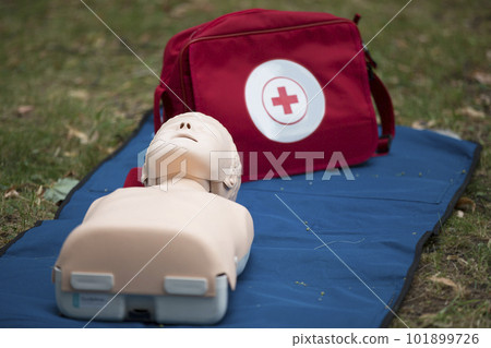 Layout for training in first aid. Training dummy for practicing artificial respiration Layout for training in first aid. Training dummy for practicing artificial respiration 101899726