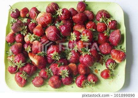 A lot of strawberries in a plate top view.Red berry in a rectangular container A lot of strawberries in a plate top view.Red berry in a rectangular container 101899890