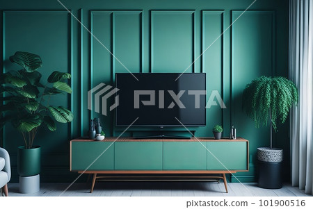 Modern living room with the TV on the cabinet. Generative AI. Modern living room with the TV on the cabinet. Generative AI. 101900516