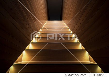 Wooden staircase with light. House construction. Generate Ai 101900558