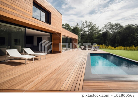 Wood terrace pool. Modern patio. Generate Ai 101900562