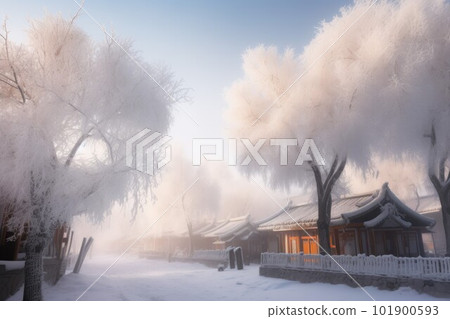 Village street at winter. Season snowy. Generate Ai Village street at winter. Season snowy. Generate Ai 101900593