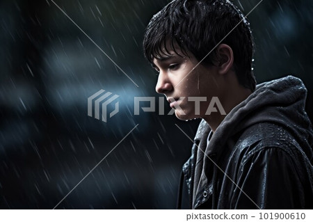 Sad kid in rain. Person male alone. Fictional person. Generate Ai Sad kid in rain. Person male alone. Fictional person. Generate Ai 101900610