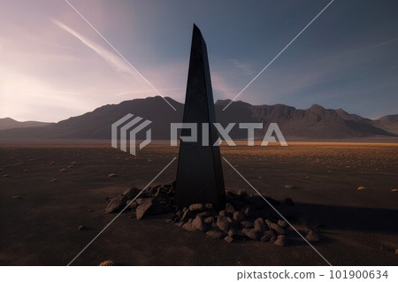 Stone black in desert. Sunny dry. Generate Ai 101900634