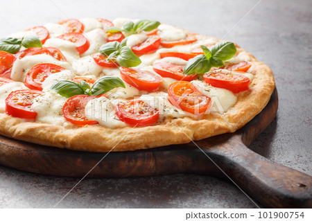Caprese pizza topped with mozzarella, tomatoes, basil a little salt and pepper, and a drizzle of olive oil close-up on a wooden board. Horizontal Caprese pizza topped with mozzarella, tomatoes, basil a little salt and pepper, and a drizzle of olive oil close-up on a wooden board. Horizontal 101900754