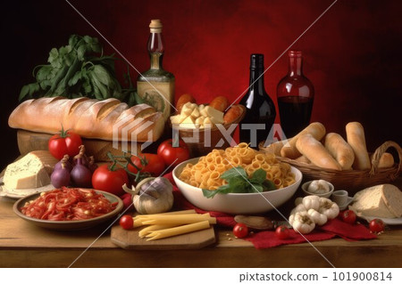 Italian food full table. Dish cooked. Generate Ai Italian food full table. Dish cooked. Generate Ai 101900814